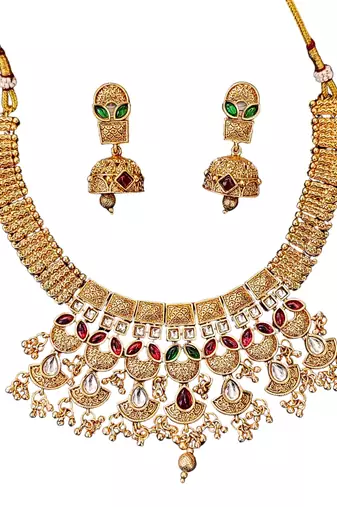 Traditional kundan choker necklace set with red and green stones, gold-plated jhumka earrings