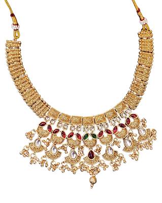 Traditional kundan choker necklace set with red and green stones, gold-plated jhumka earrings 5