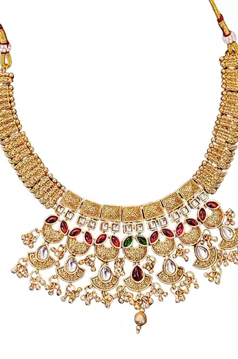 Traditional kundan choker necklace set with red and green stones, gold-plated jhumka earrings