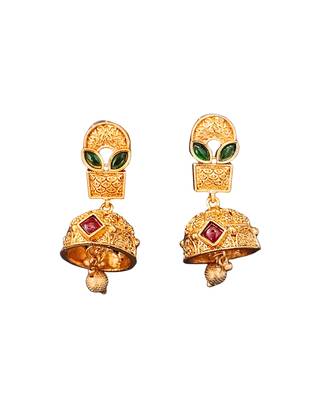 Traditional kundan choker necklace set with red and green stones, gold-plated jhumka earrings 6