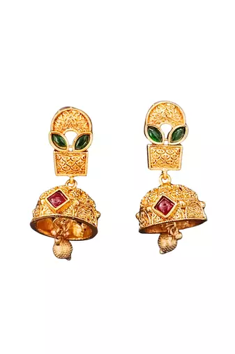 Traditional kundan choker necklace set with red and green stones, gold-plated jhumka earrings