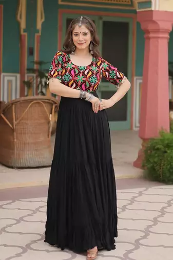 Black rayon kutchi gamthi kodi work with ruffle navratri gown-Full Stitched Free size