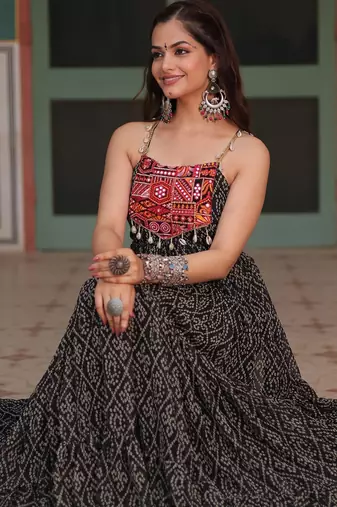 Black faux georgette bandhani print with kutchi patch work navratri gown-Full Stitched Free size