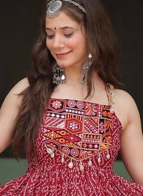 Maroon faux georgette bandhani print with kutchi patch work navratri gown-Full Stitched Free size 2
