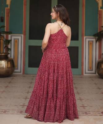 Maroon faux georgette bandhani print with kutchi patch work navratri gown-Full Stitched Free size 3