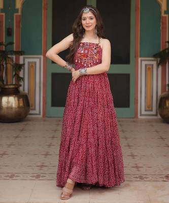 Maroon faux georgette bandhani print with kutchi patch work navratri gown-Full Stitched Free size 1