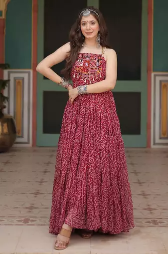 Maroon faux georgette bandhani print with kutchi patch work navratri gown-Full Stitched Free size