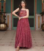 Maroon faux georgette bandhani print with kutchi patch work navratri gown-Full Stitched Free size