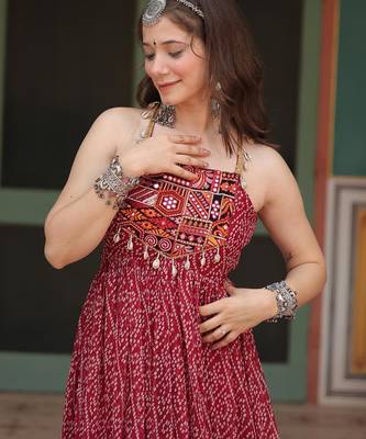 Maroon faux georgette bandhani print with kutchi patch work navratri gown-Full Stitched Free size 5
