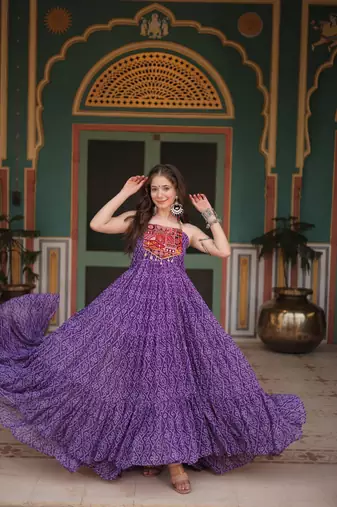 Purple faux georgette bandhani print with kutchi patch work navratri gown-Full Stitched Free size