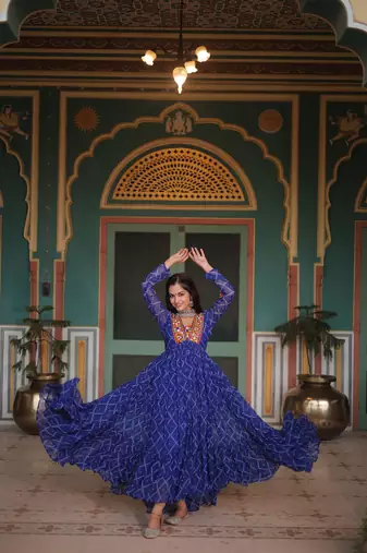 Blue faux georgette bandhani print with kutchi patch work navratri gown-Full Stitched Free size