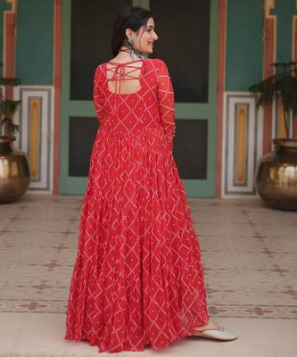 Orange faux georgette bandhani print with kutchi patch work navratri gown-Full Stitched Free size 3