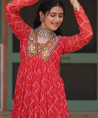 Orange faux georgette bandhani print with kutchi patch work navratri gown-Full Stitched Free size 4