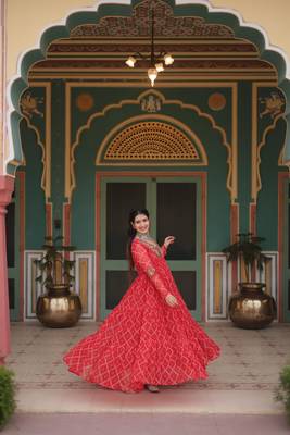 Orange faux georgette bandhani print with kutchi patch work navratri gown-Full Stitched Free size 1