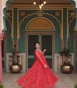 Orange faux georgette bandhani print with kutchi patch work navratri gown-Full Stitched Free size