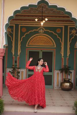 Orange faux georgette bandhani print with kutchi patch work navratri gown-Full Stitched Free size 5