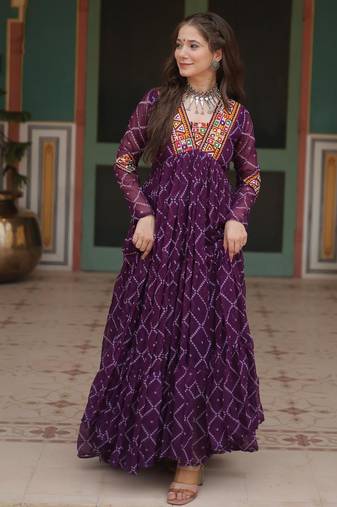 Wine faux georgette bandhani print with kutchi patch work navratri gown-Full Stitched Free size