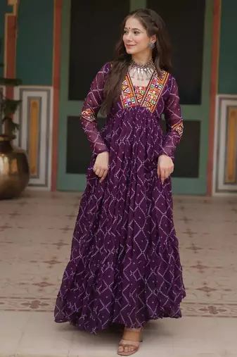 Wine faux georgette bandhani print with kutchi patch work navratri gown-Full Stitched Free size