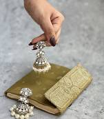 Gold plated white kundan earrings