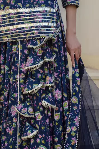 Blue cotton printed kurta set