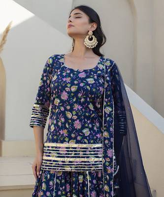Blue cotton printed kurta set 3