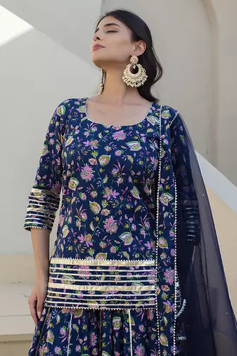 Blue cotton printed kurta set