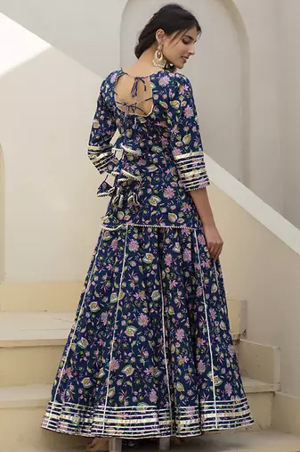 Blue cotton printed kurta set
