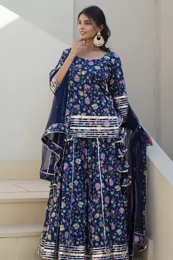 Blue cotton printed kurta set