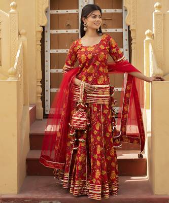 Red cotton printed kurta set 1