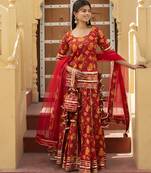 Red cotton printed kurta set
