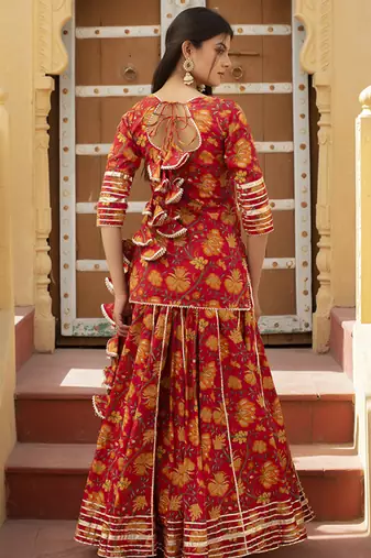 Red cotton printed kurta set