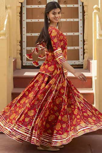 Red cotton printed kurta set