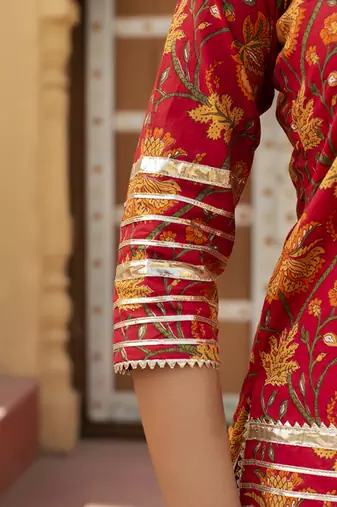 Red cotton printed kurta set