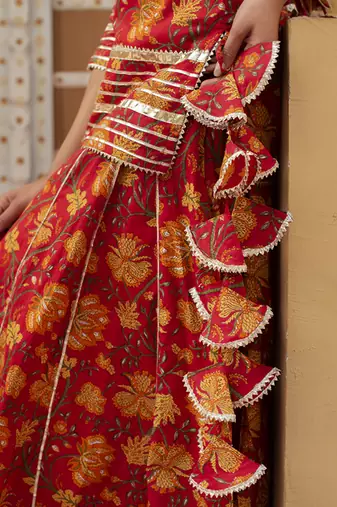 Red cotton printed kurta set