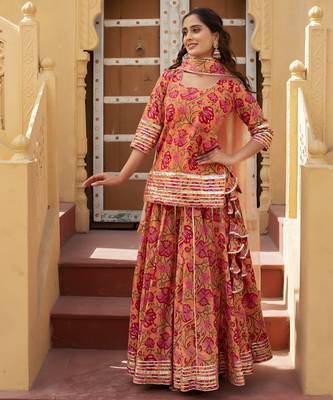 Orange cotton printed kurta set 1