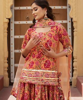 Orange cotton printed kurta set 2