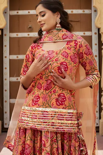 Orange cotton printed kurta set