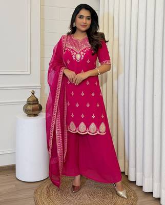 pink embroidered stitched georgette kurta suit with dupatta 1