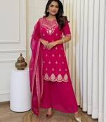 pink embroidered stitched georgette kurta suit with dupatta