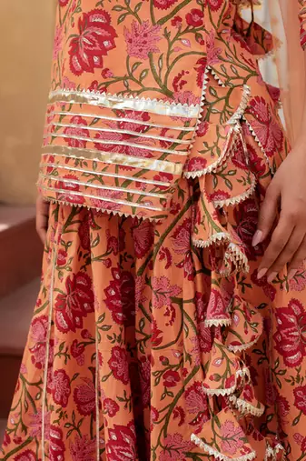 Orange cotton printed kurta set