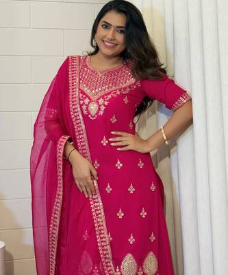 pink embroidered stitched georgette kurta suit with dupatta 2