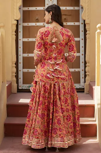 Orange cotton printed kurta set