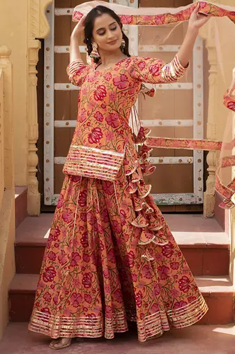 Orange cotton printed kurta set