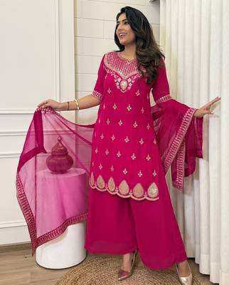 pink embroidered stitched georgette kurta suit with dupatta 4