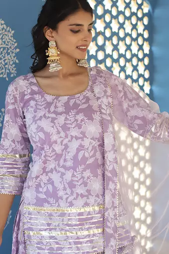 Lilac cotton printed kurta set