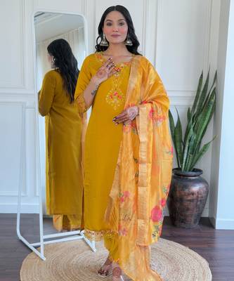 yellow embroidered stitched roman silk kurta suit with dupatta 1