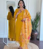 yellow embroidered stitched roman silk kurta suit with dupatta