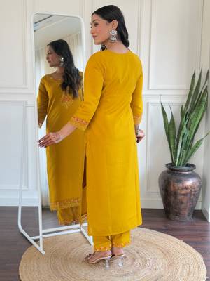 yellow embroidered stitched roman silk kurta suit with dupatta 3