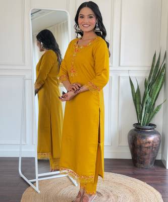 yellow embroidered stitched roman silk kurta suit with dupatta 4