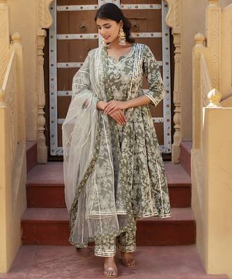 Green cotton printed anarkali 1